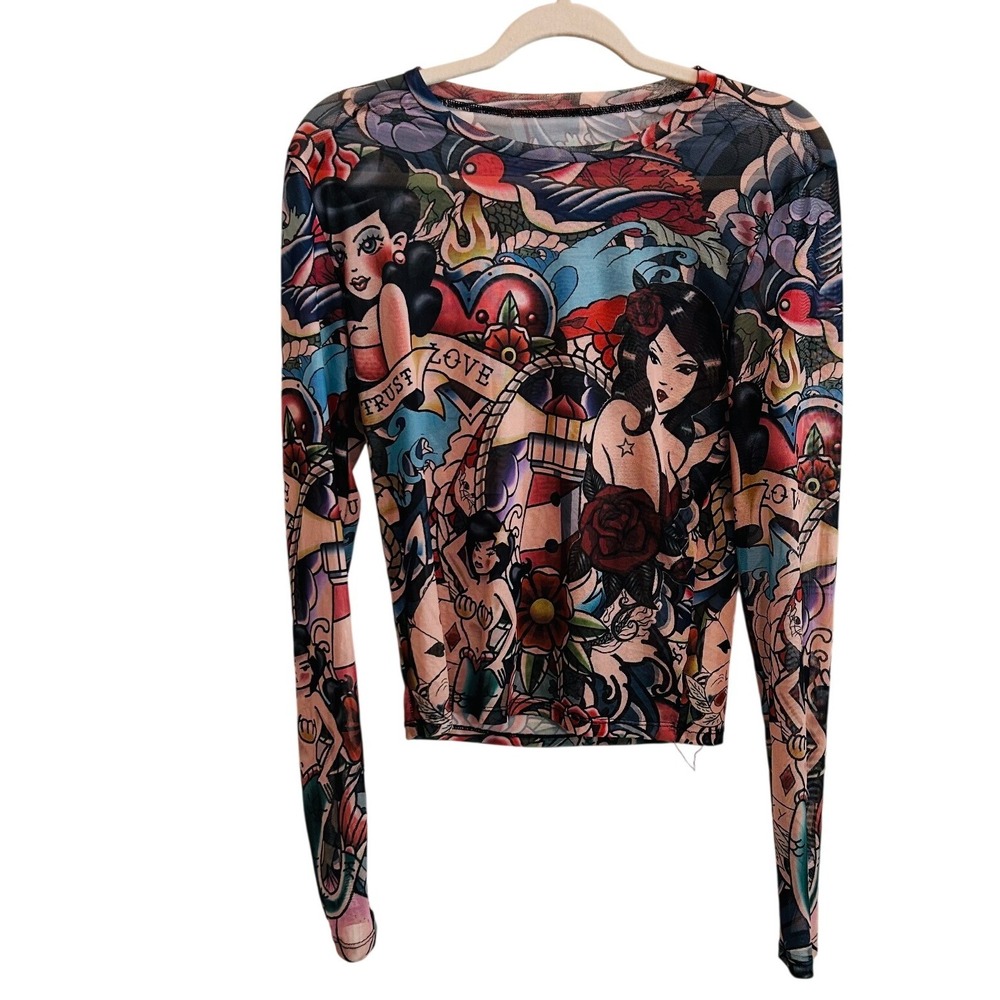 Manfinity Tattoo Print Mesh Top Long Sleeve Sheer Pinup Art Womens Size L